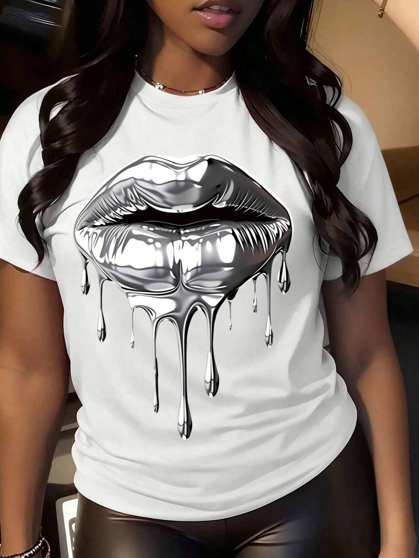 Plus-Size Women's-Shirts Women Silver Lip Drip Graphic Shirt Casual Streetwear Fashion Top Everyday Wear And Outings,220g