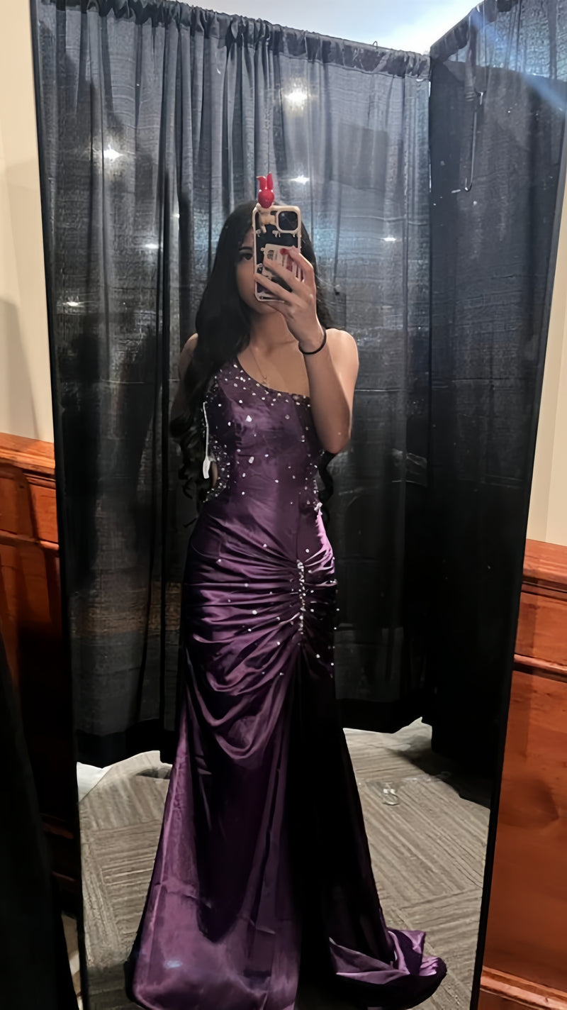 Purple Mermaid Beaded Long Prom Dresses Satin Evening Party Dress,AST2314