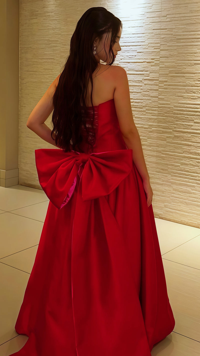 Red Strapless A-Line Prom Dress, Bowknot Senior Prom Dress, AST1744