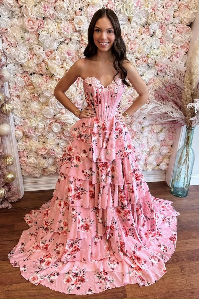 Romantic Floral Print Sweetheart Corset Prom Dress with Layered Skirt