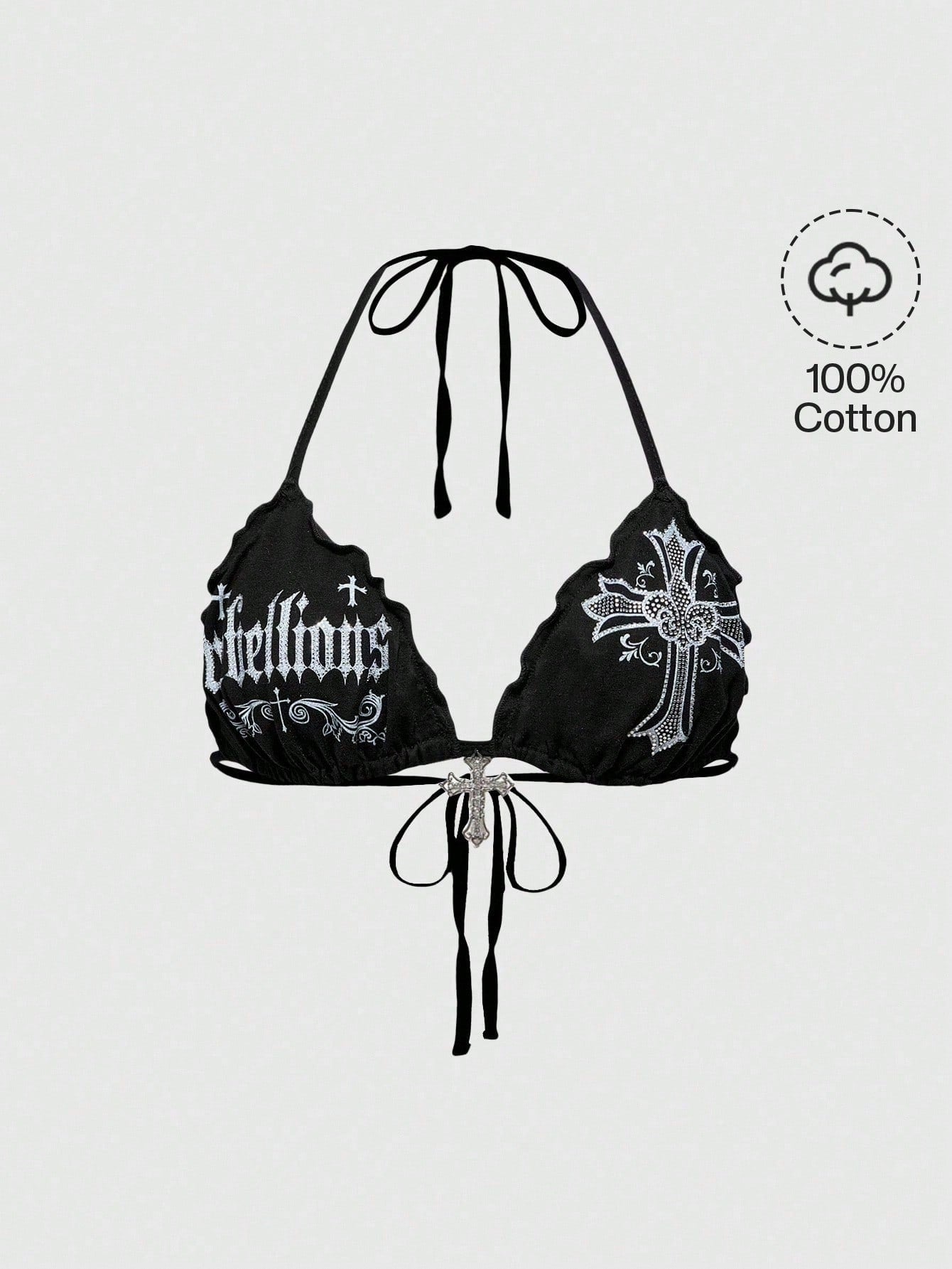 ROMWE Grunge Punk Spring/Summer Vacation Black Y2K Sexy Gothic Cross Print Rhinestone Decor Plus Size Bikini Tank Top