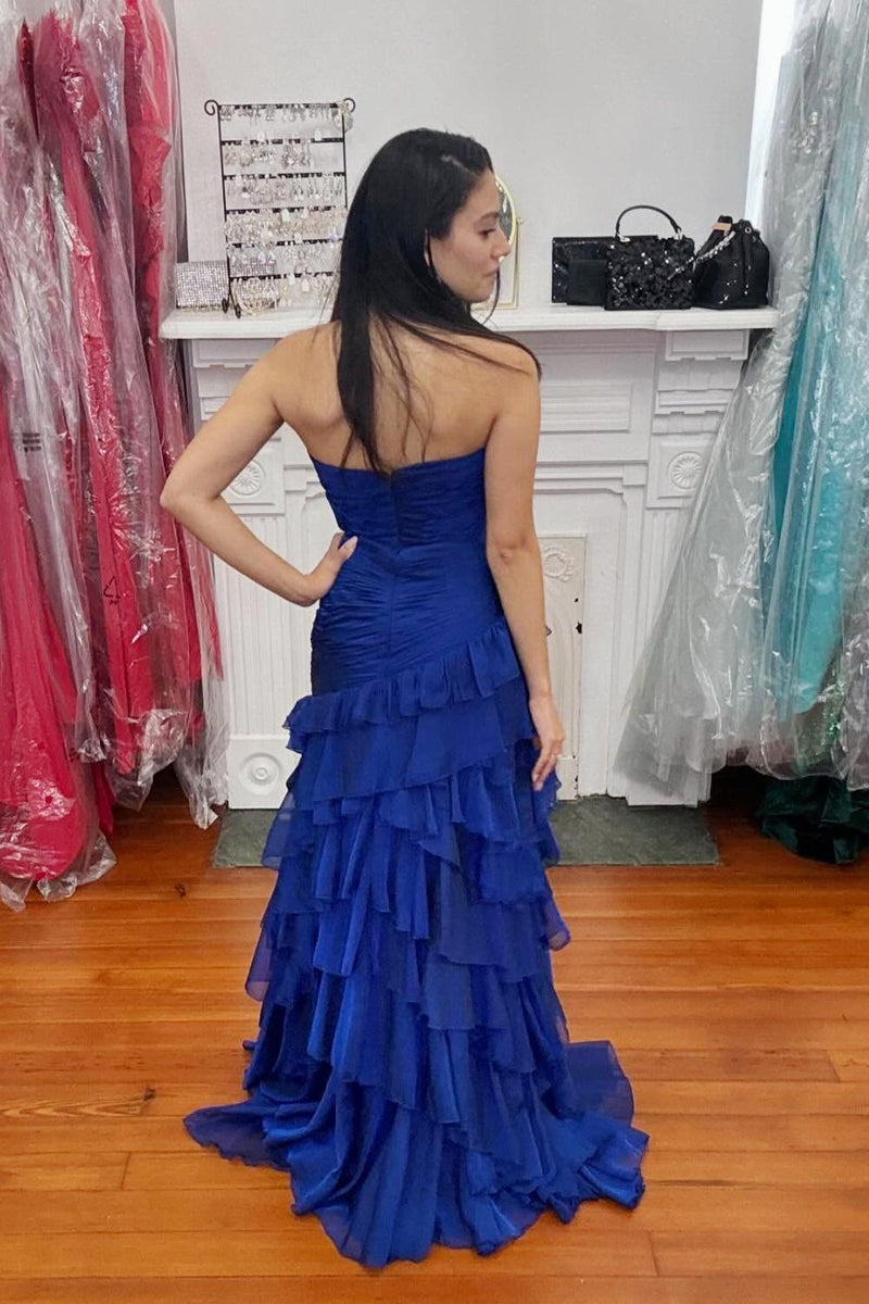 Ruched Yellow Ruffle Fitted Long Prom Dress with Slit