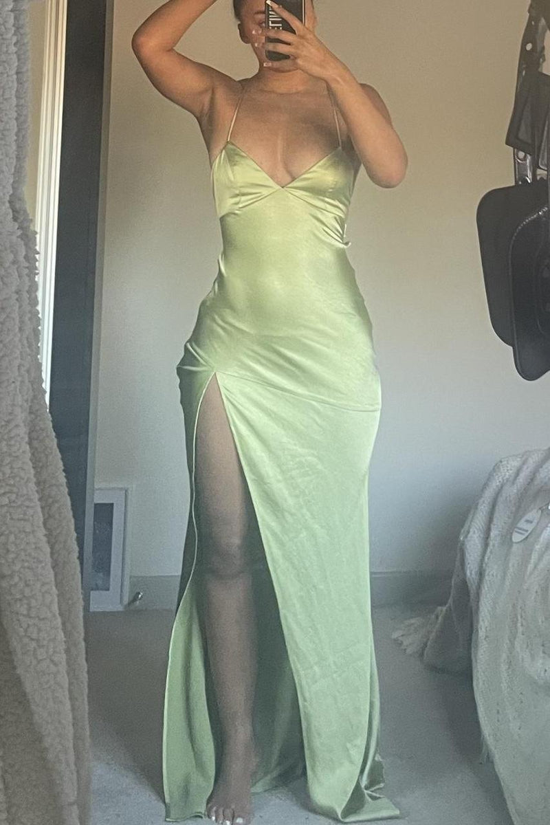 Sexy Straps Green Soft Satin Long Dress