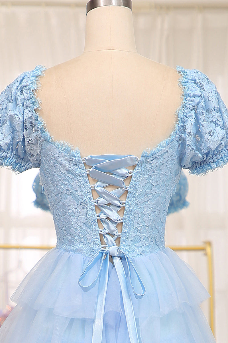 Short Sleeves Blue Lace and Tulle Tiered Dress