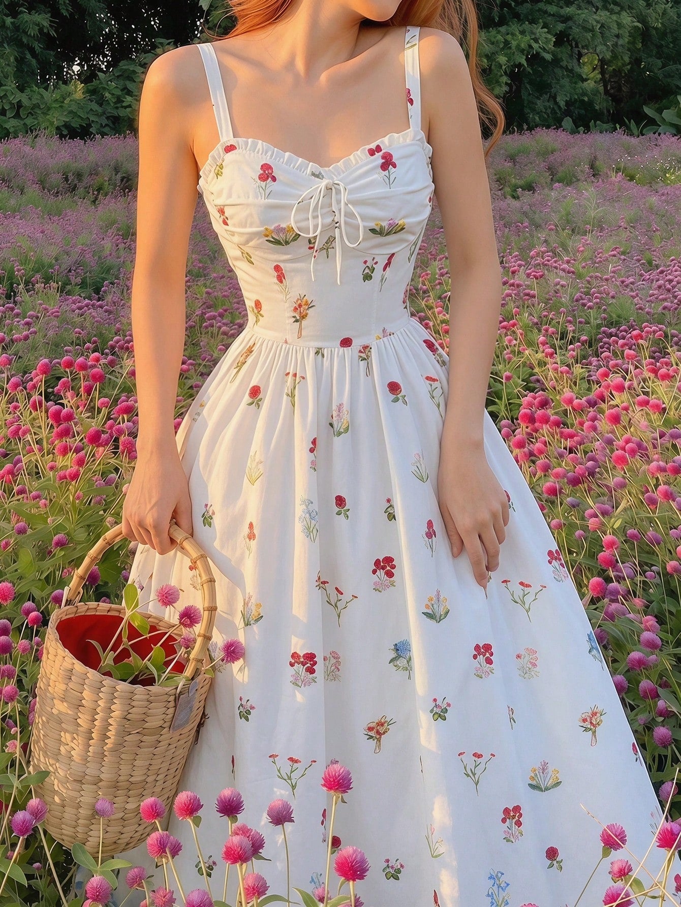Skyraze Women's White Floral Summer Modest Tropical Picnic Vacation Dress, Tie-Front Ruched Waist Chic Spaghetti Strap A Line Midi Elegant Party Graduation