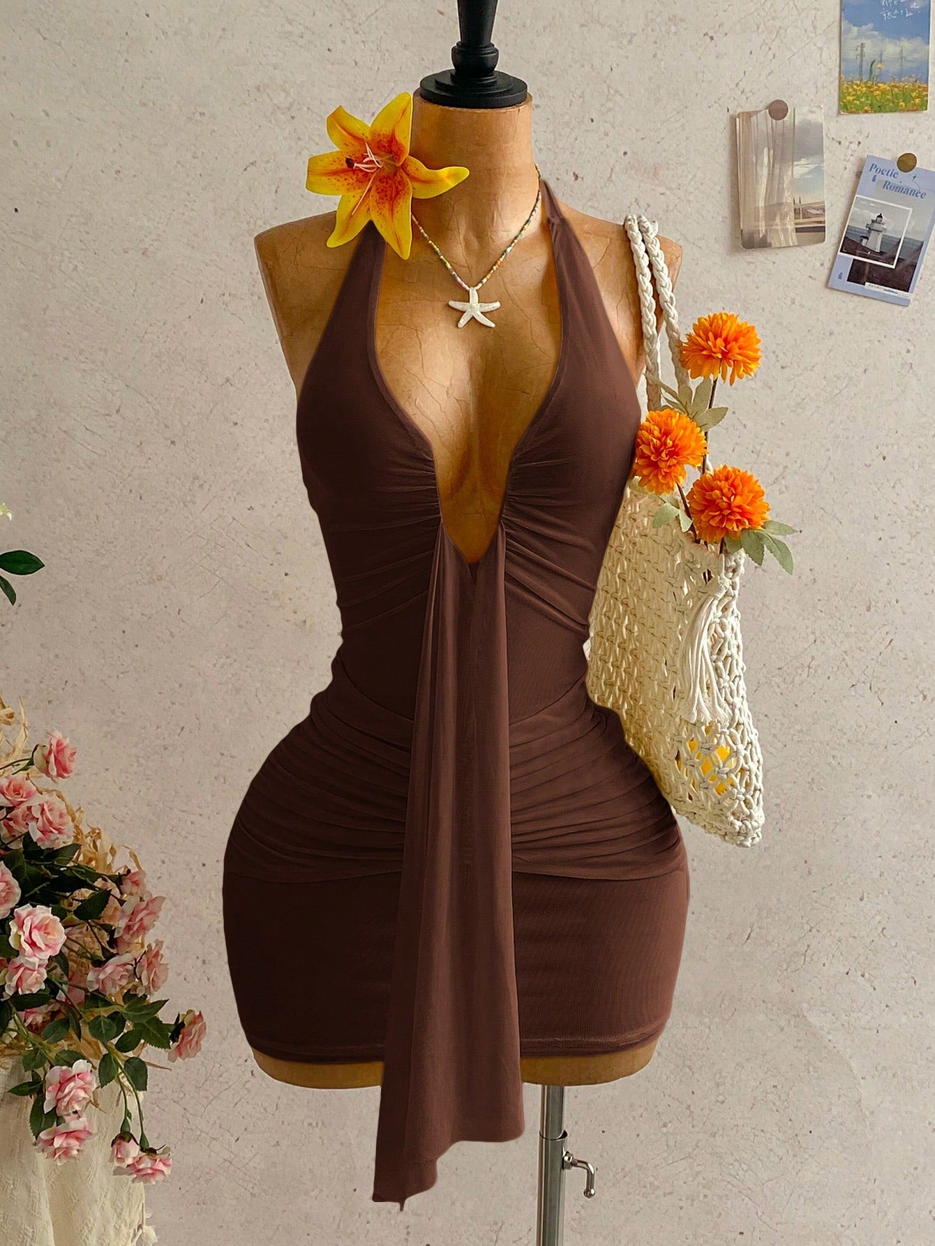 Soleia Women's Solid Color Halter Neck Ruched Backless Casual Vacation Summer Dress,Party Dresses For Women No Chest Padding