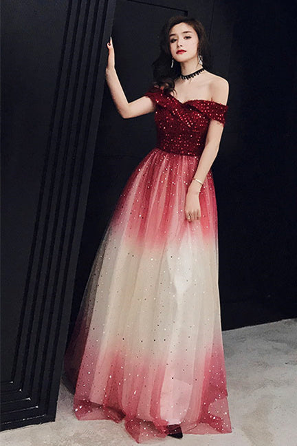 Sparkle Off the Shoulder Wine Red Long Party Dress