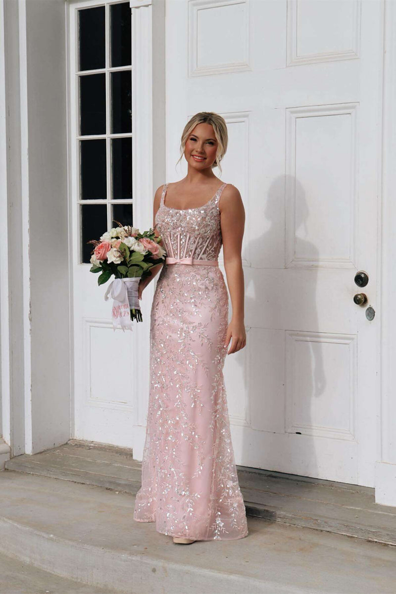Square Neck Pink Appliques Tulle Fitted Prom Dress