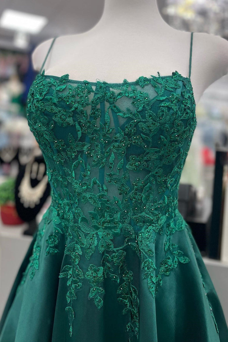 Starps Green Satin A-line Long Prom Dress