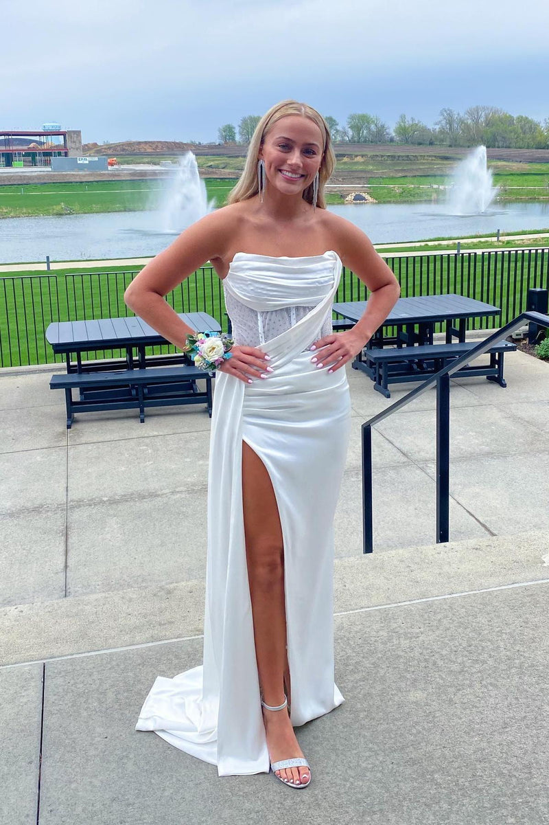 Strapless Green Satin Fitted Long Formal Dress with Train