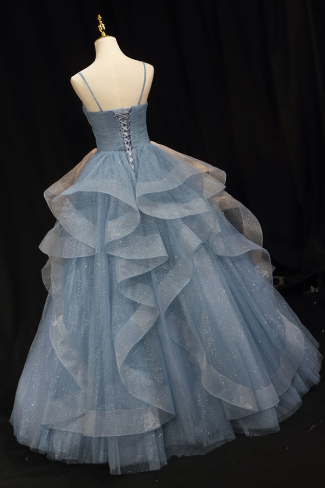 Straps Blue A-line Layers Long Formal Gown