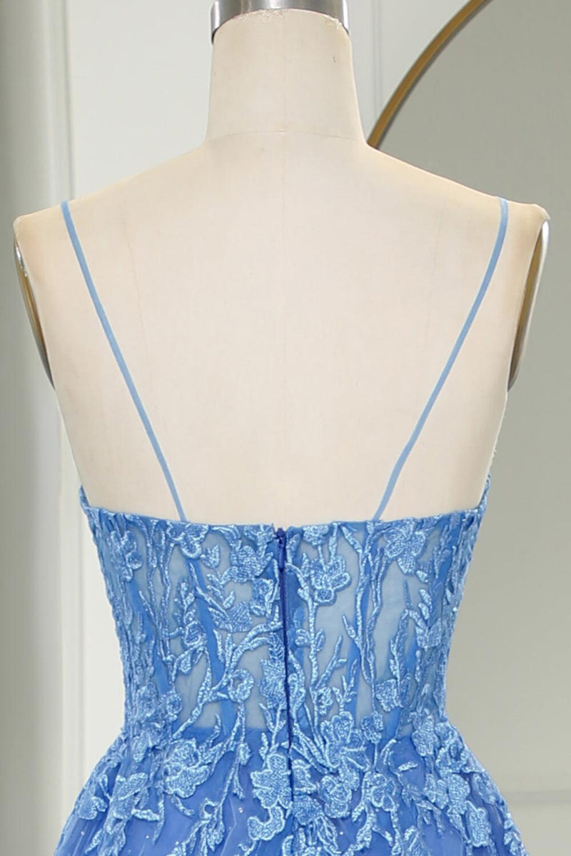 Straps Blue Lace Appliques A-line Long Prom Dress