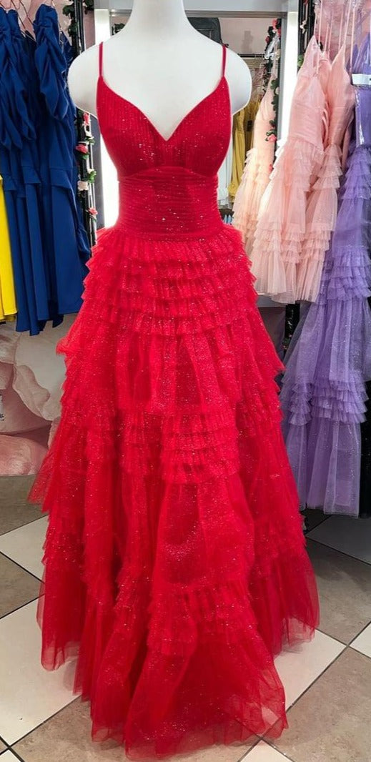Straps Periwinkle Tulle Tiered Ruffles Formal Gown