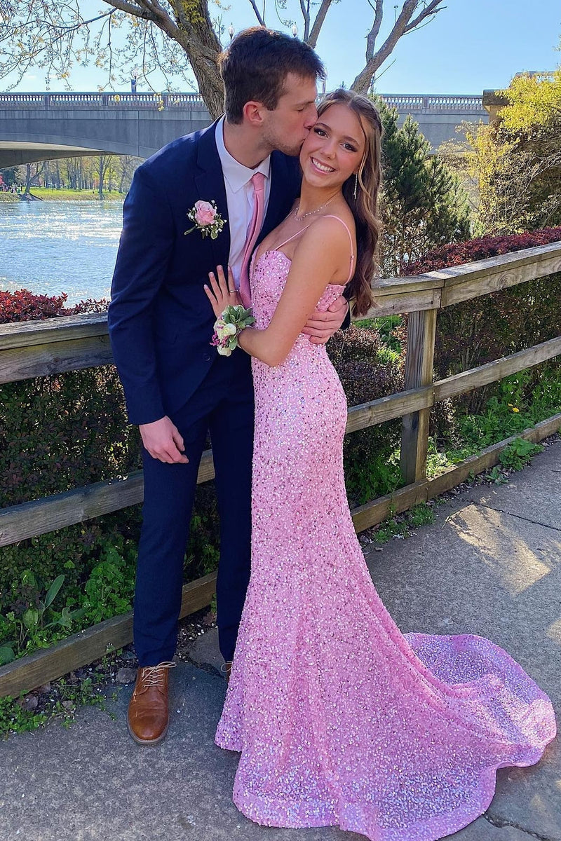 Straps Pink Sequin Mermaid Long Formal Dress