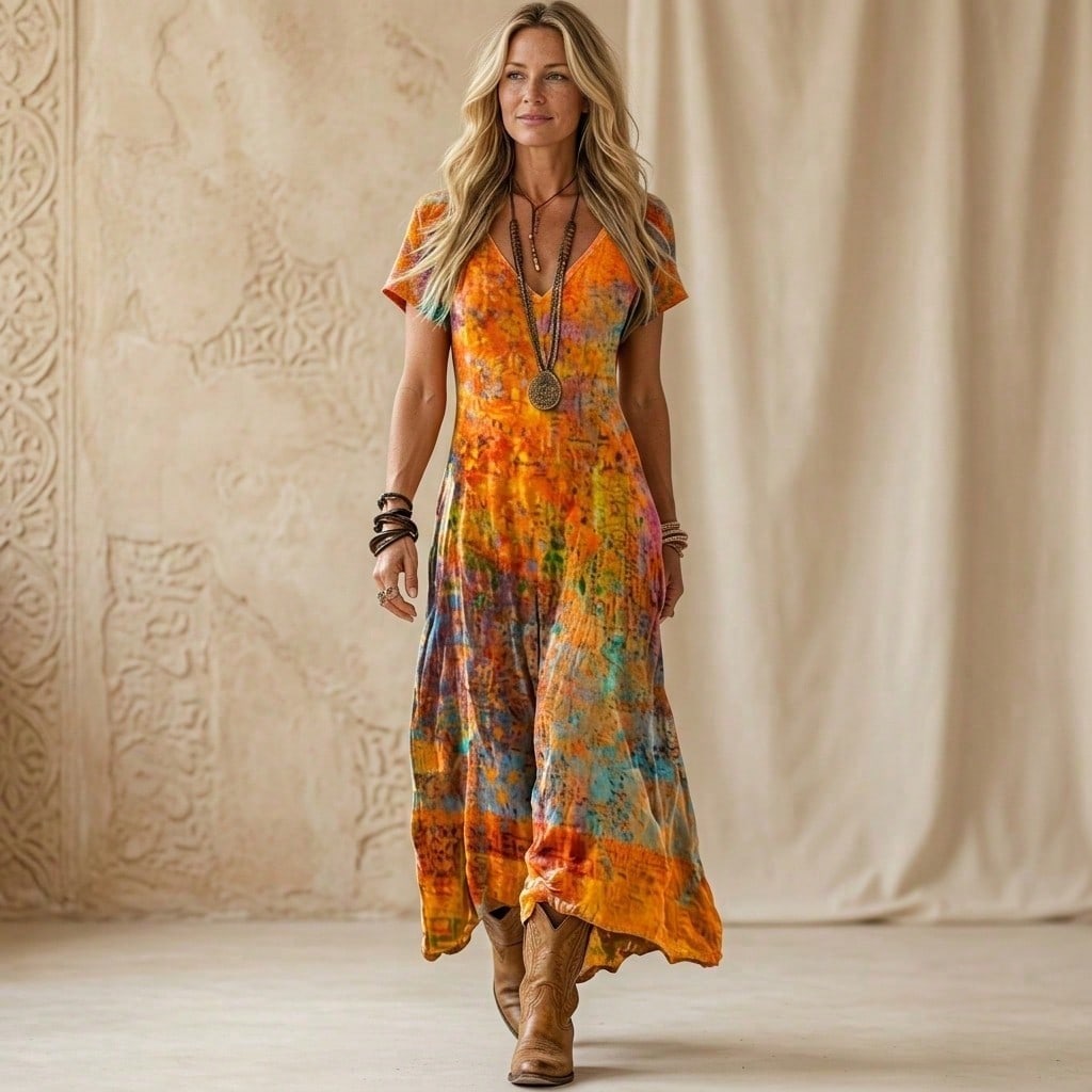 Summer Dress For WomenOrange Boho Print V-Neck Short Sleeve Loose Fit Maxi Dress, Casual Flowy Summer Dress For Women For Daily Dress For Women