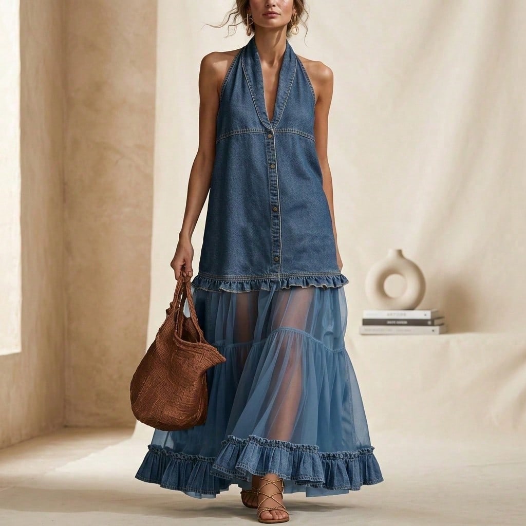 Summer Dress For WomenVintage Halter Neck Sleeveless Denim Patchwork Sheer Tulle Ruffle Hem Maxi Summer Dress For Women, Casual Button Dress For Women