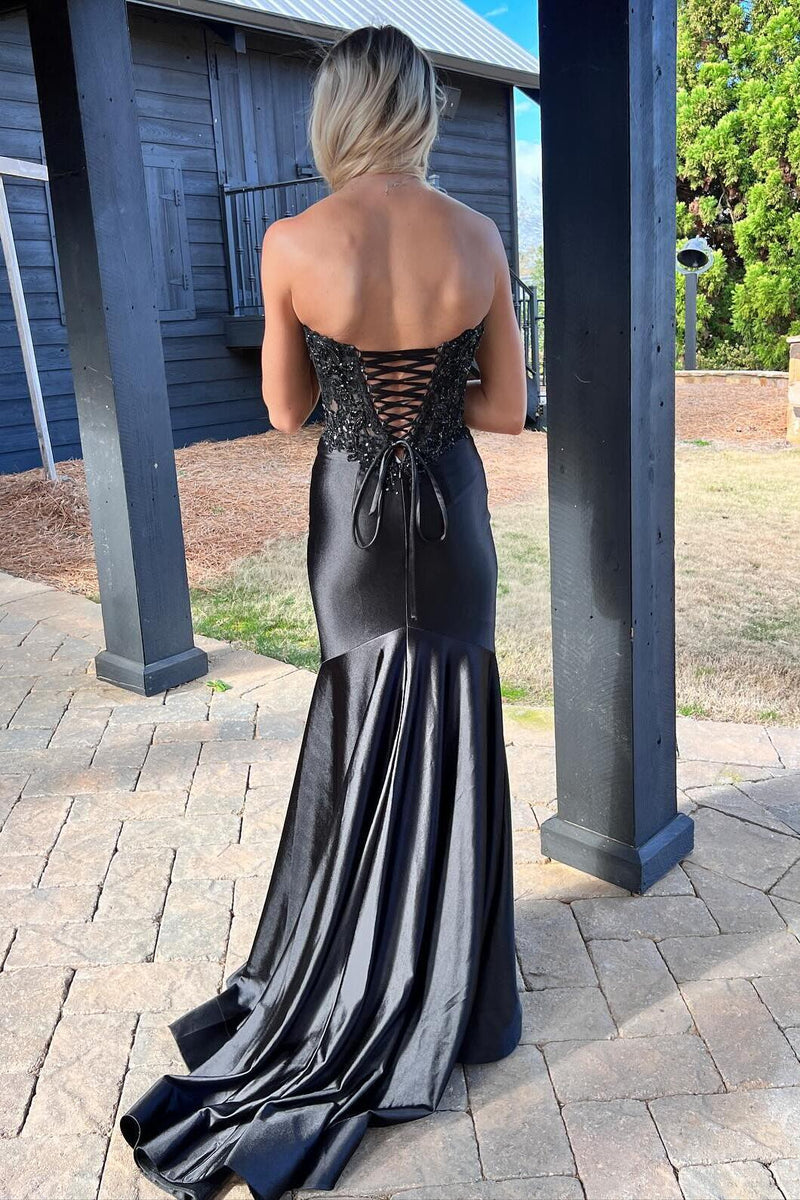 Sweetheart Black Appliques Mermaid Prom Dress with Slit