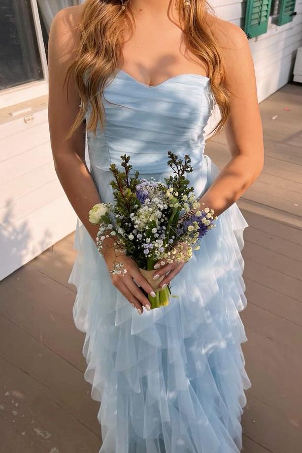 Sweetheart Light Blue Tulle Ruffle Long Prom Dress