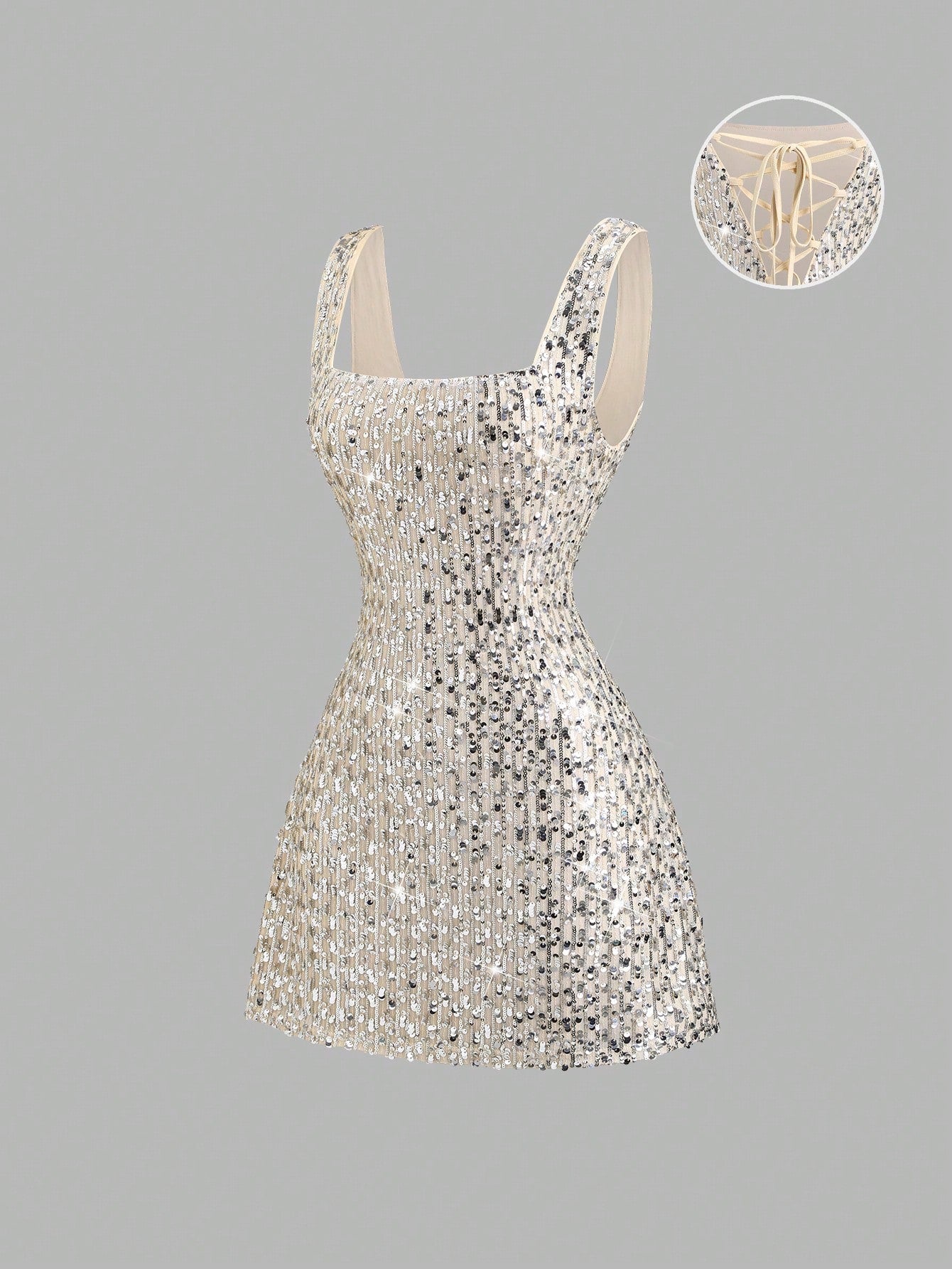 Sweetra Fashionable Sexy Backless Sequin Decor Square Neck Cinched Waist Design Summer Party Dress, Elegant French Style