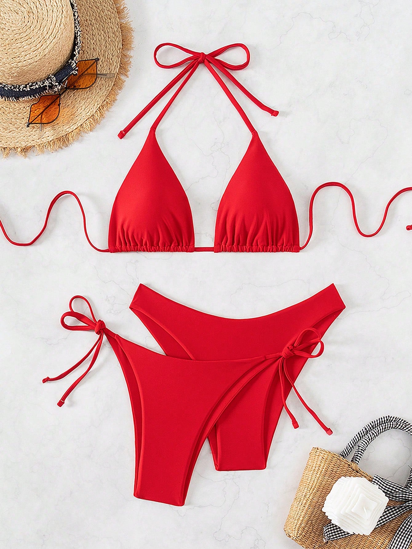 Swim Basics 3pcs Women's Summer Beach Solid Color Halter Tie Sexy Bikini Swimsuit Set