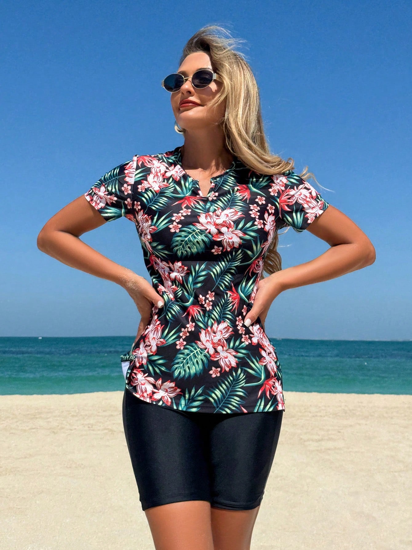 Swim Lushoire Women's Tropical Floral Print Short Sleeve Top And Solid Color Shorts Tankini Set For Summer Beach Vacation