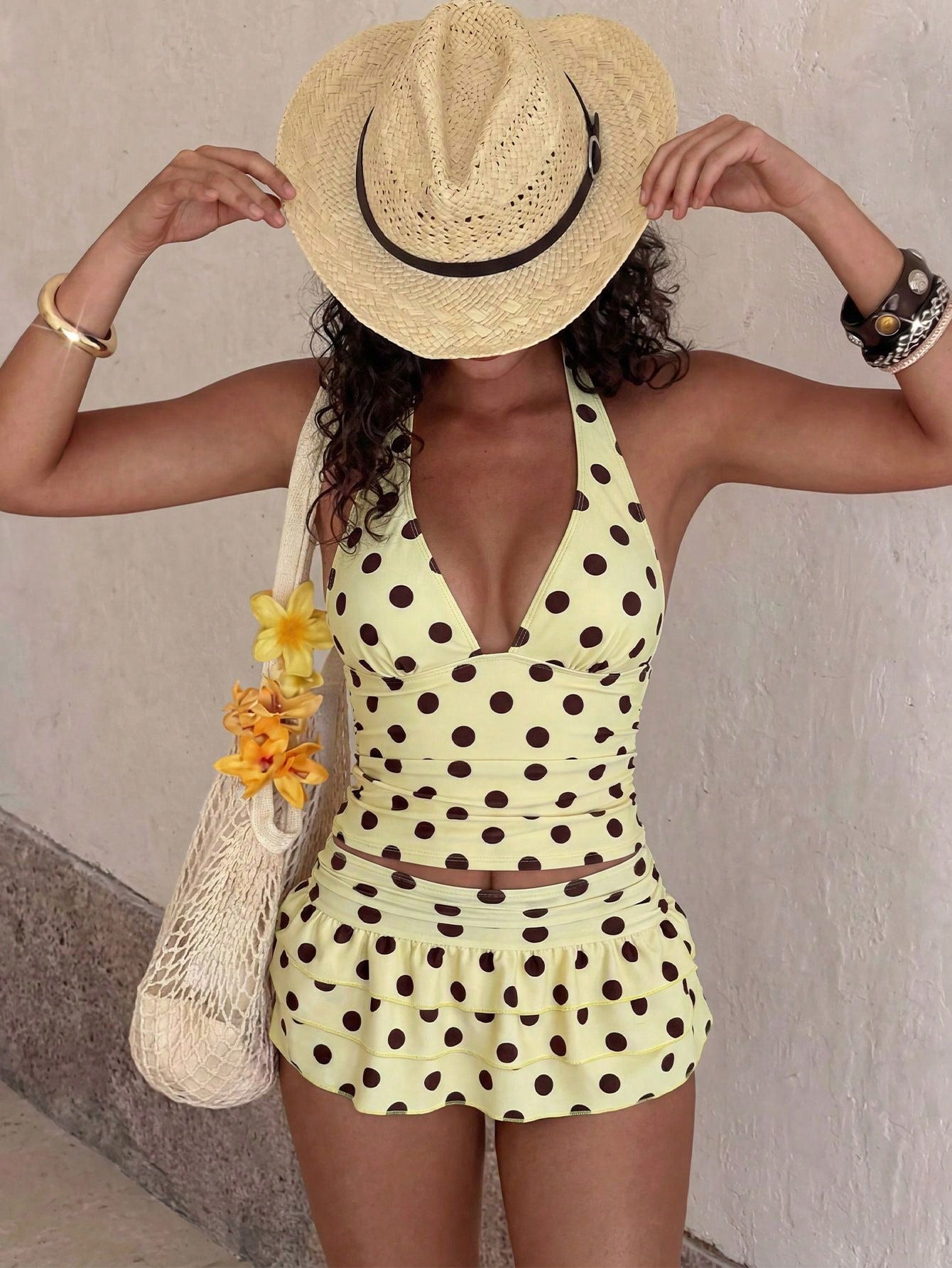 Swim Mod 3pcs Women Yellow Vintage Polka Dot Bikini Set,Spaghetti Strap Deep V Backless Tie Triangle Top,Layered Ruffle Gathered Skirt Summer Beach Holiday