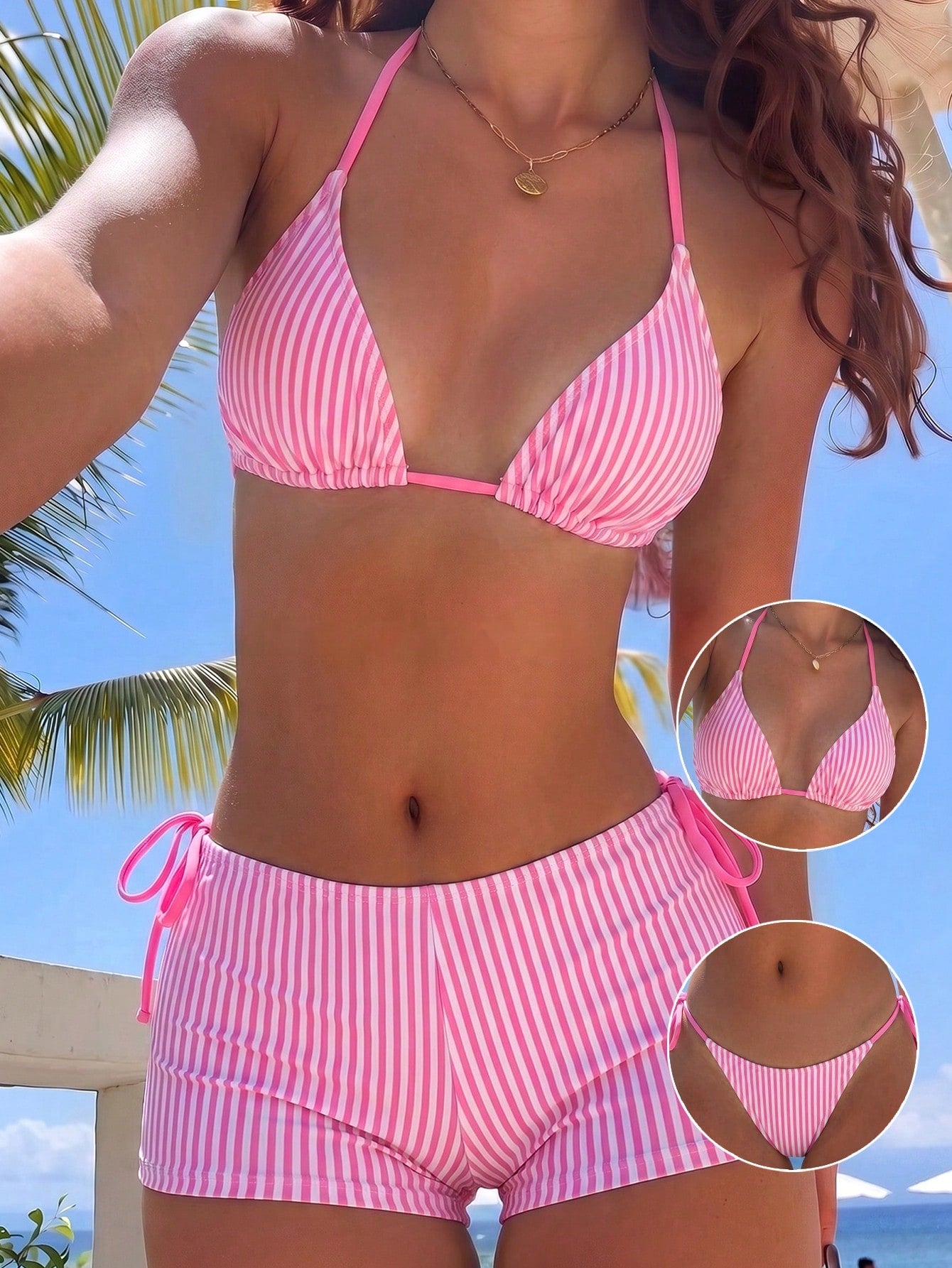 Swim Mod Women's Summer Striped Print Halter Bikini & Briefs 3-Piece Swimwear Set