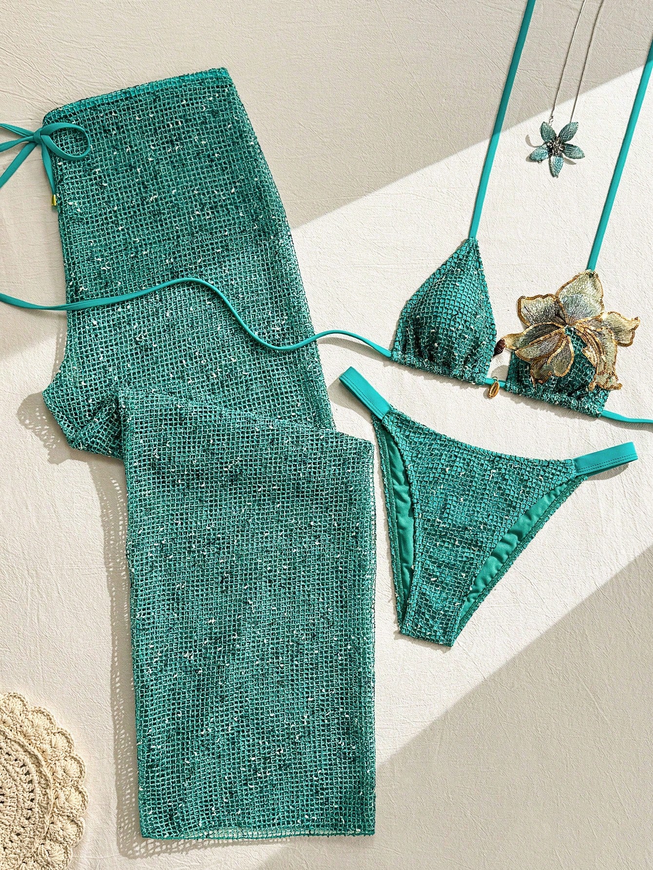 Swim Vcay 2026 Spring/Summer New Women's Lake Green Shiny Crochet 3-Piece Swimsuit Set, 3D Large Flower Halter Bikini, High-Cut Triangle Bottom, Side Tie Hollow Long Skirt, Island Vacation Beach Swimw