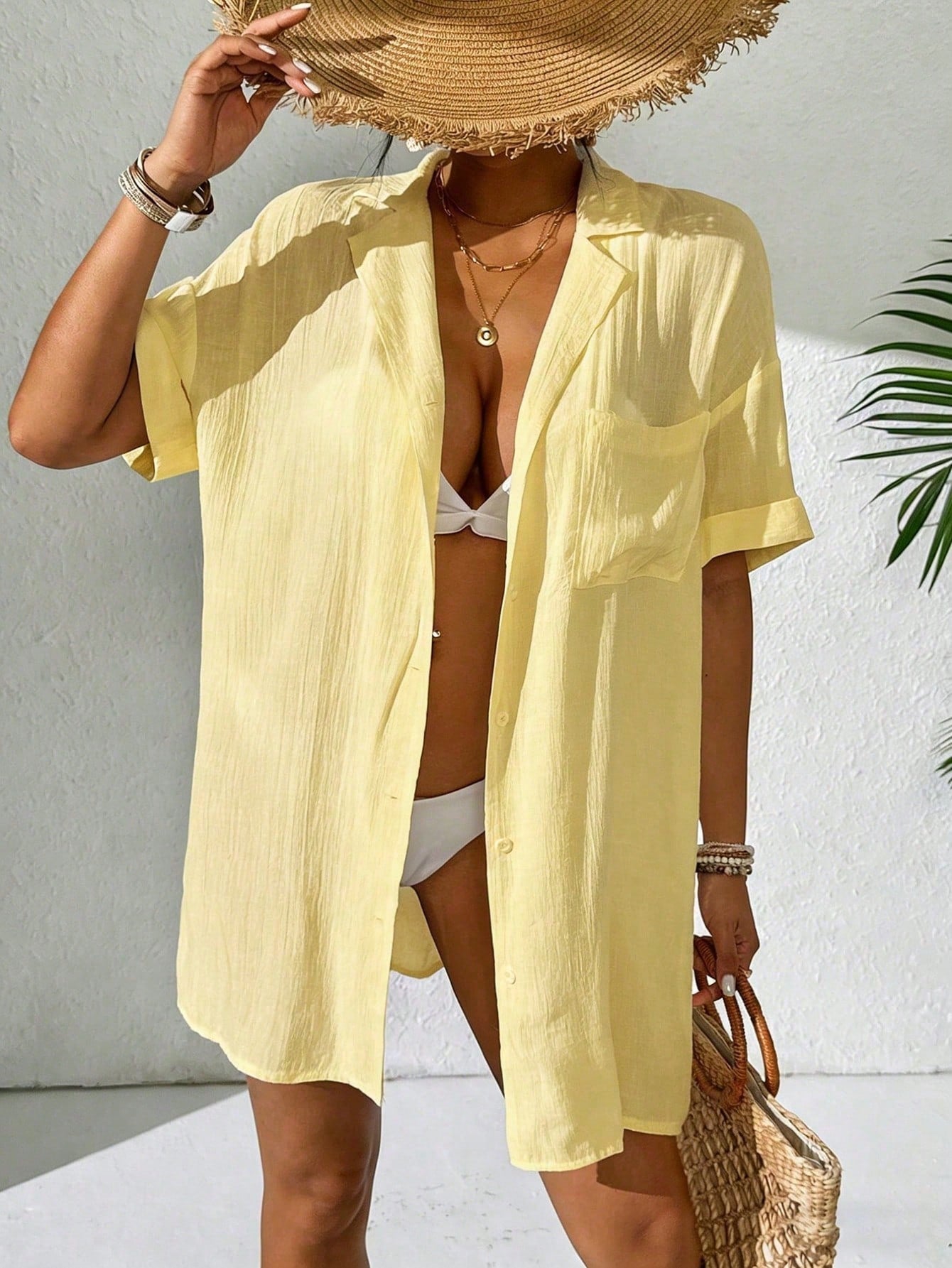 Swim Women Simple Solid Color Short Sleeve Kimono, Summer Beach For Women, Long Beach Kimono