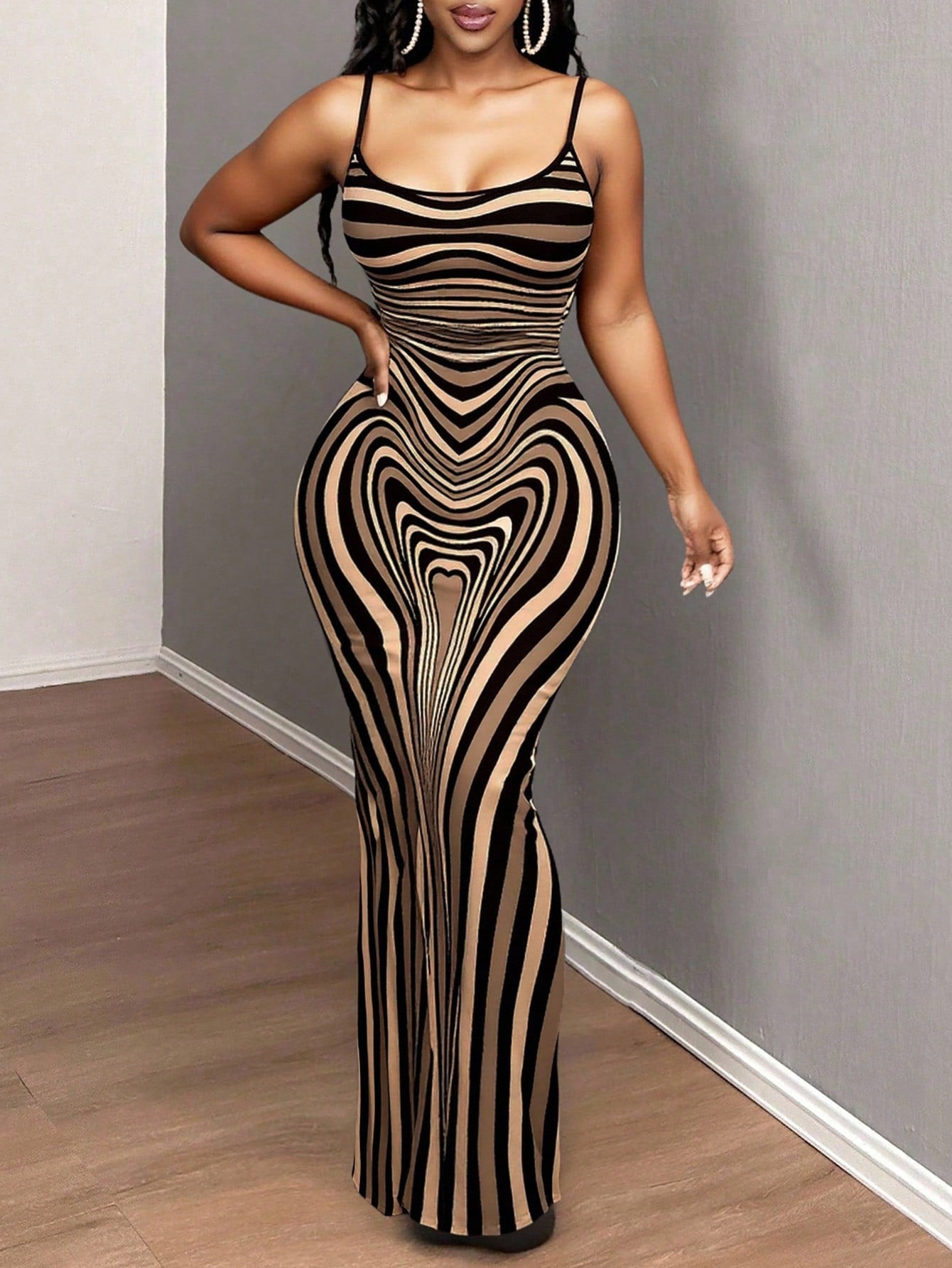SXY Sexy Casual Elegant Brown Bodyline Positioning Print Slip Dress, Maxi Length For Women Curve Hugging Maxi Dress Suitable For Going Out Chic Dress