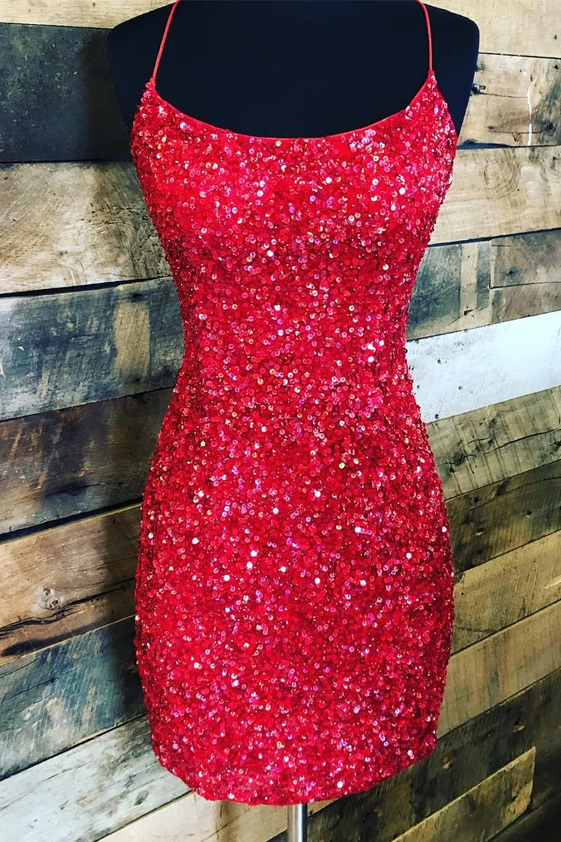 Tight Red Sequins Short Party Dress with Lace Up Back Homecoming dress , AST1148