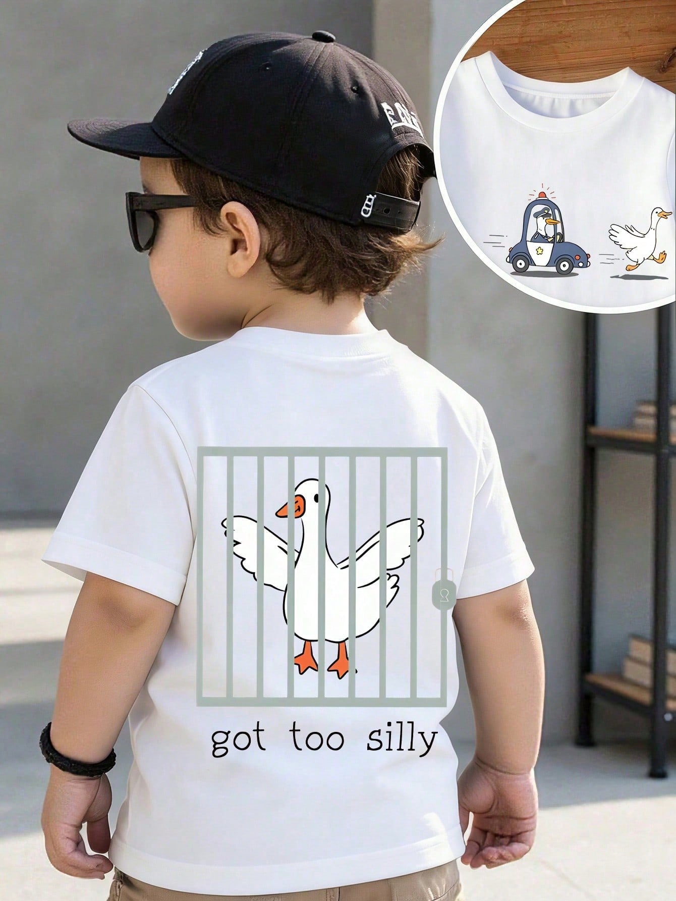 Toddler White Short Sleeve T-Shirt Got Too Silly Double Side Cartoon Police Goose Jail Funny Cute Casual Kids Soft Baby Tee