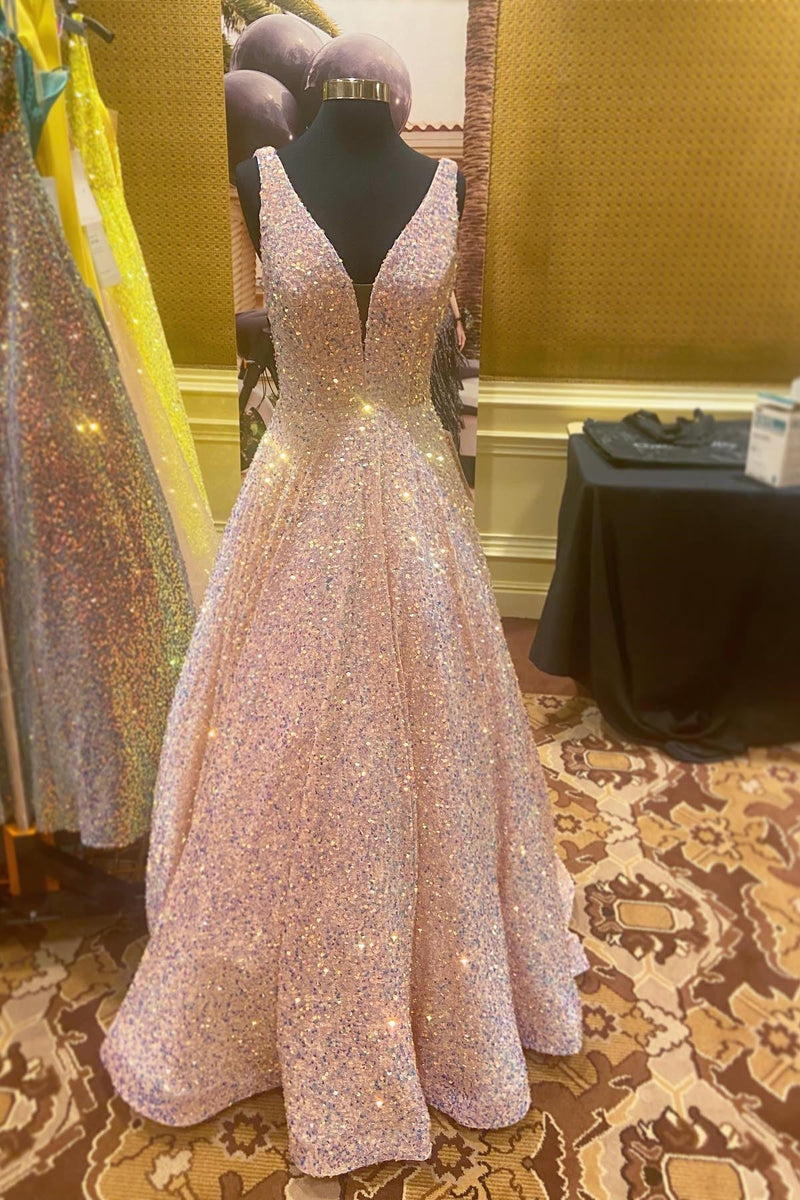 V Neck Pink Sequin A-line Long Prom Dress