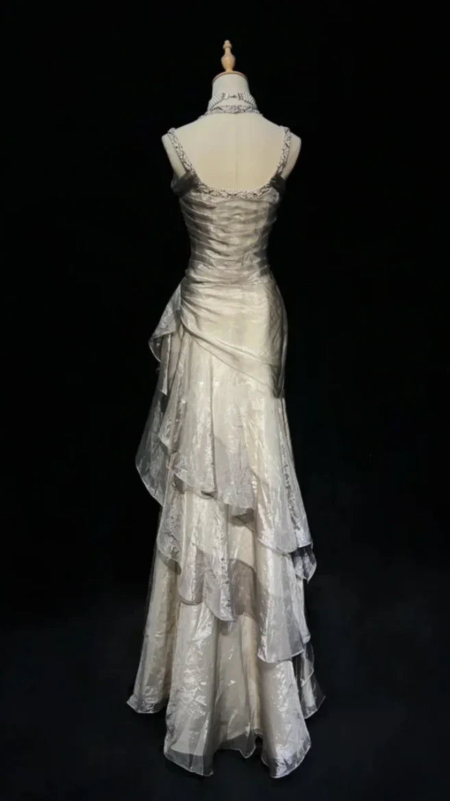 Vintage Organza Beaded Ruffle Long Prom Dresses Evening Gowns,AST2075