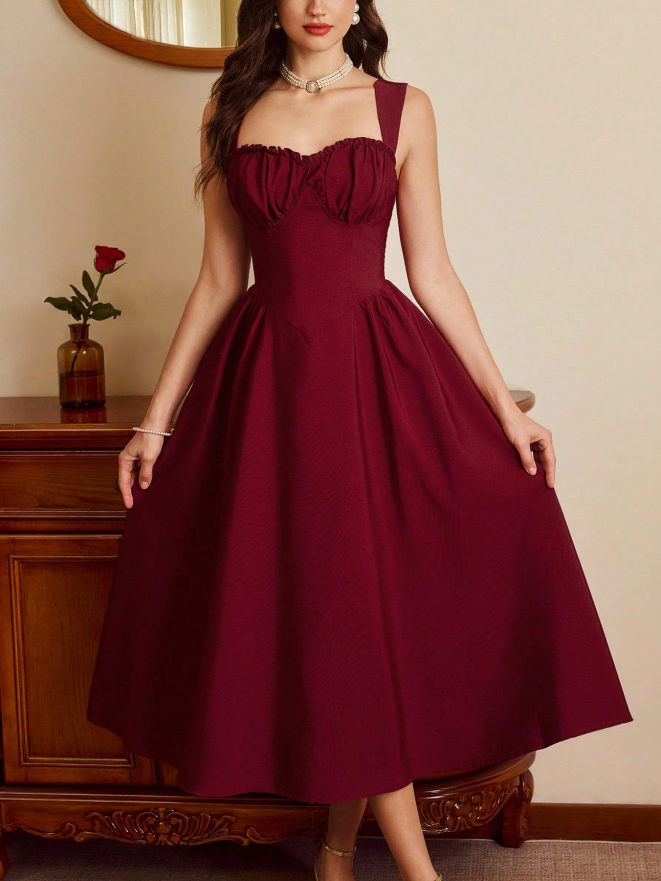 Vintamour Burgundy Autumn 70s Retro Elegant Party Women's Dress,Sweetheart Neckline Bustier Midi Dress With Pockets,Ruched Floral Hem New Year Christmas Outfit