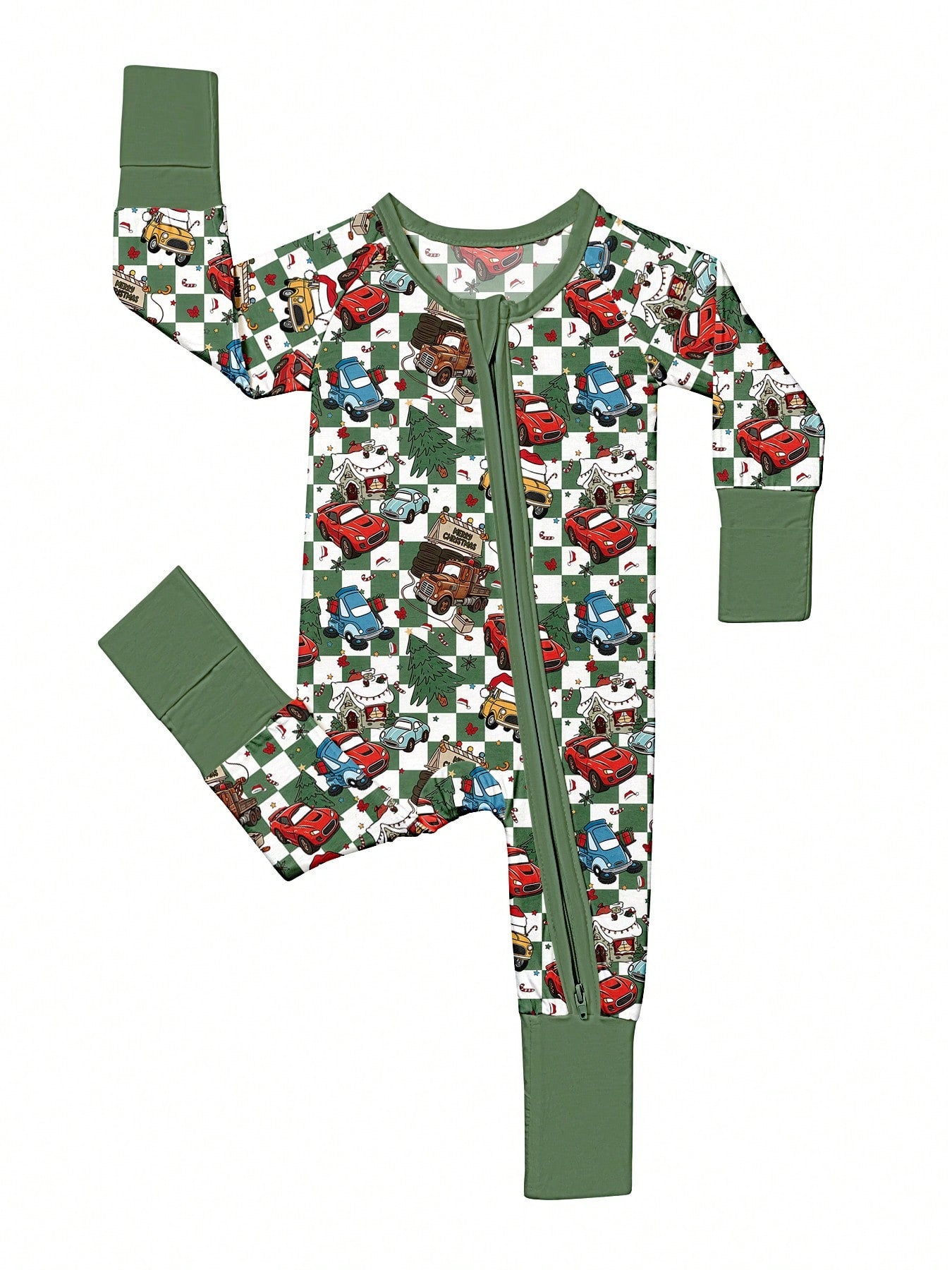 VISIKIDS Baby Bamboo Viscose Merry Christmas Car Print Long Sleeve 2-Way Zip Romper, Christmas Gift For Newborn Infants Boy Girl 0-24M