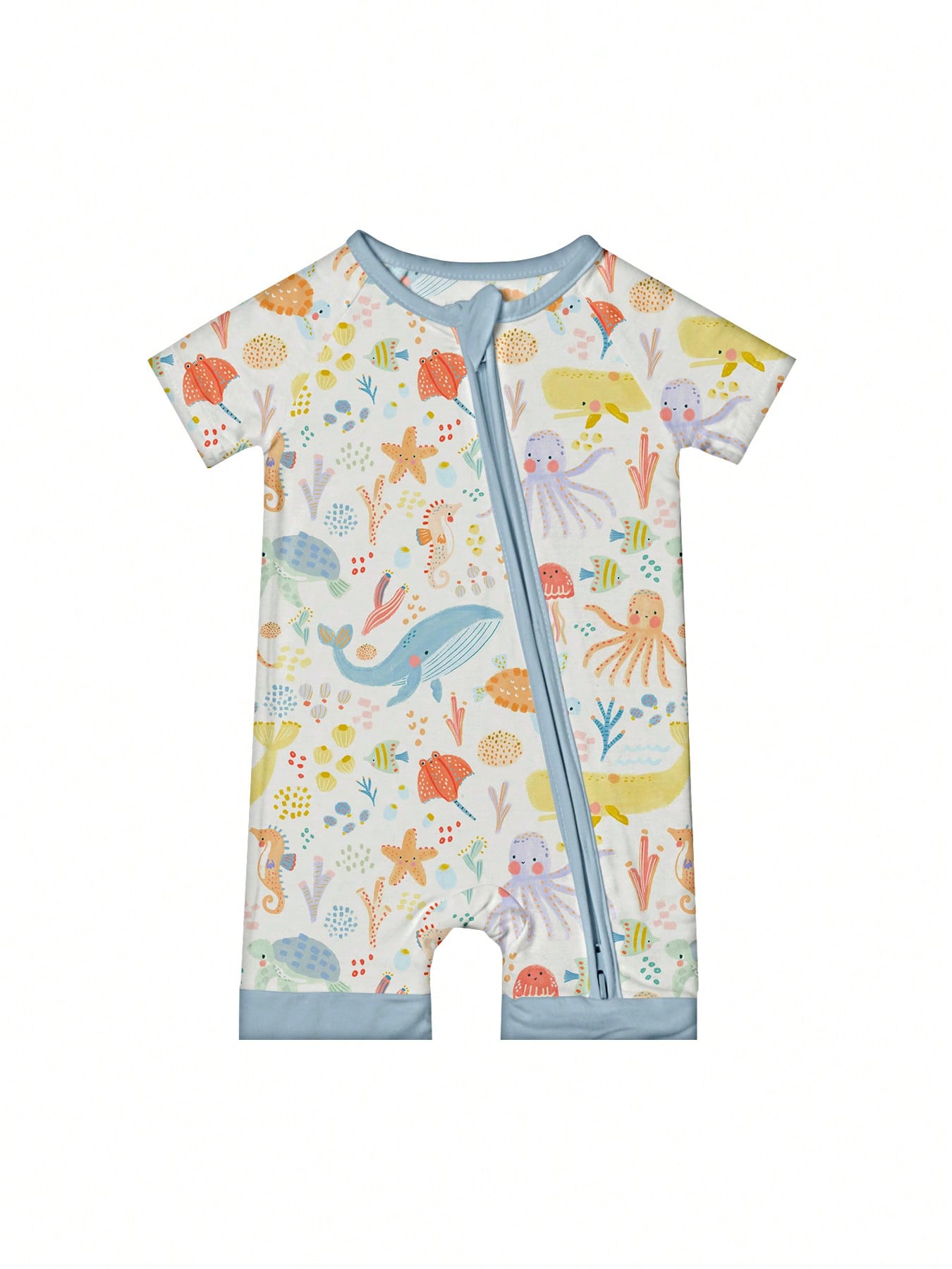 VISIKIDS Baby Bamboo Viscose Ocean Creature Print Short Sleeve 2-Way Zip Up Romper, One Piece Outfit For Newborn Infants 0-24M, Blue