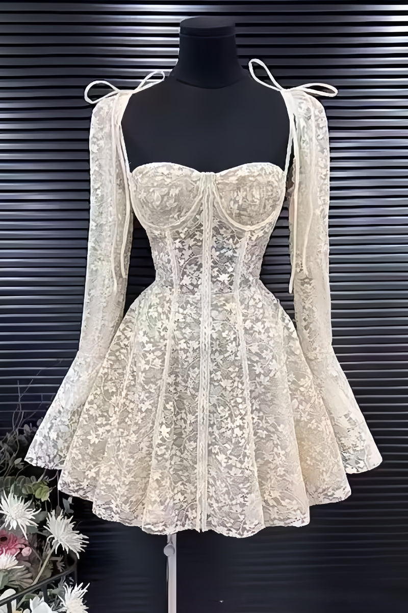 White Lace Homecoming Dresses A-line Hoco Party Dresses Long Sleeves Outfits,AST2004