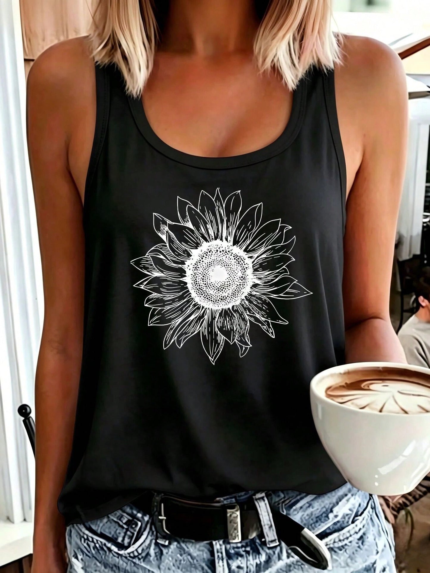 Women Plus Size Round Neck Tank Top Line Art Sunflower Graphic Loose Fit Flowy Summer For Layering Casual & Workout Game Day Christmas Halloween Etc.