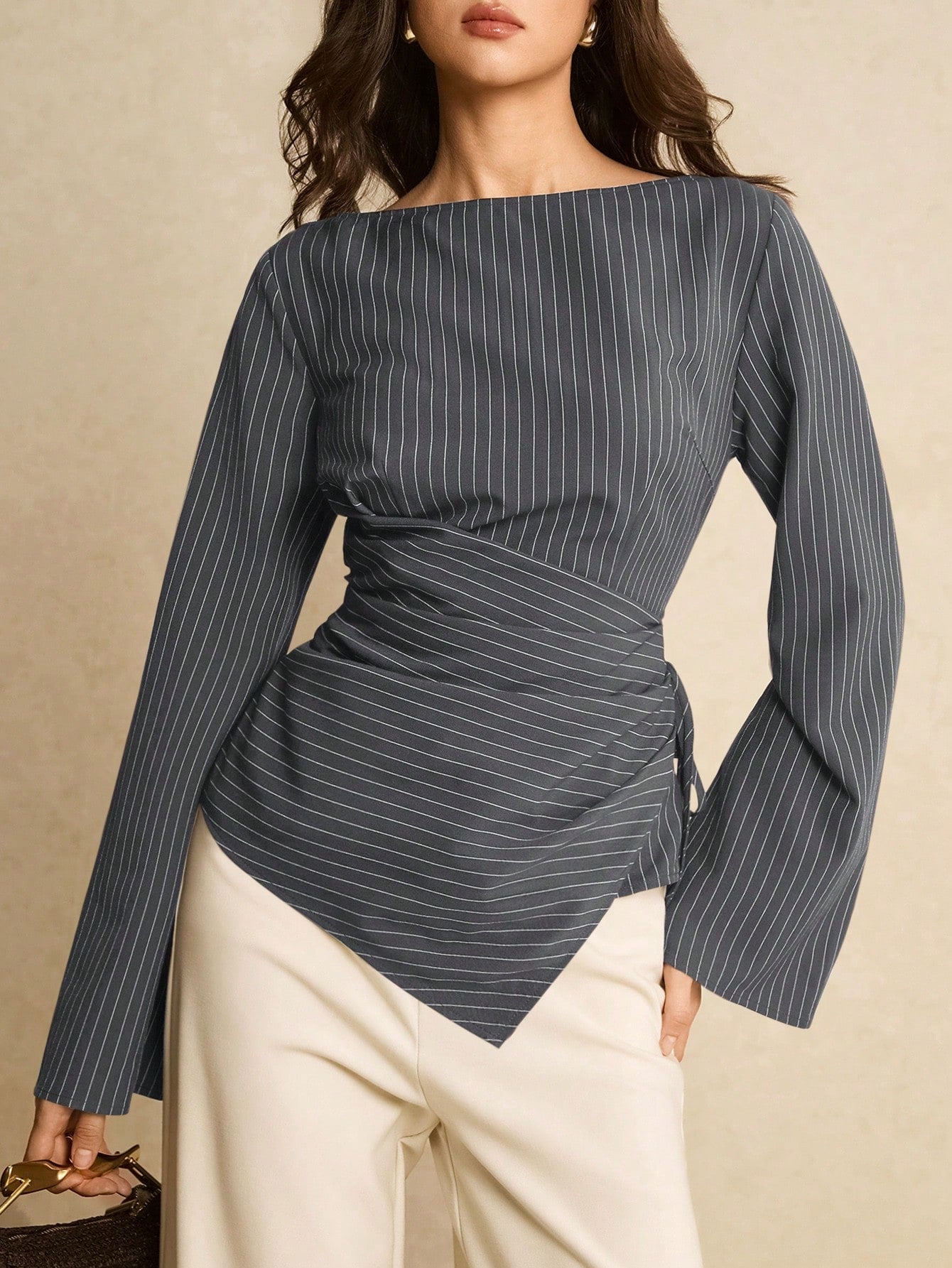 Women's Navy Blue Boat Neck Side Tie Casual Elegant Shirt, Top Women Blouse For Formal Occasion Business Tops, Office Autumn