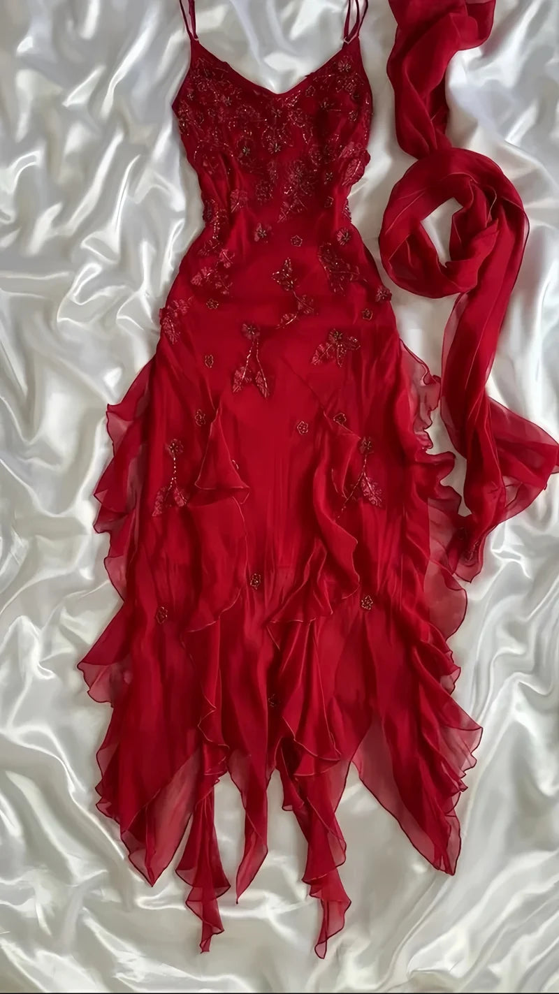 Y2k Retro Chiffon Floral Red Prom Dresses Elegant Dance Party Dress,AST2313