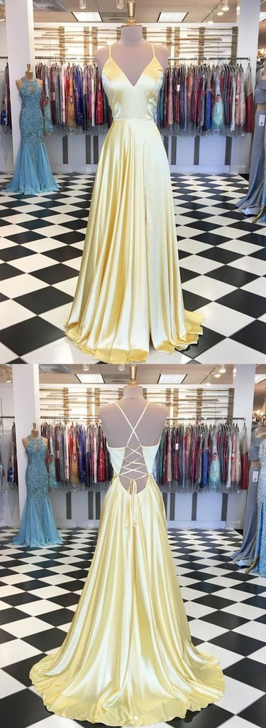 Yellow V-Neck Long Evening Dress with Open Back