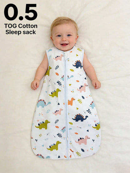 0.5tog 100% Cotton Knitted Sleeping Bag, Breathable & Comfortable Sleeveless Infant Swaddle Wrap With Cute Prints, For Newborn 0-18M Summer