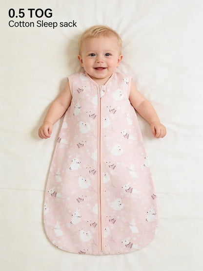 0.5tog 100% Cotton Knitted Sleeping Bag, Breathable & Comfortable Sleeveless Infant Swaddle Wrap With Cute Prints, For Newborn 0-18M Summer