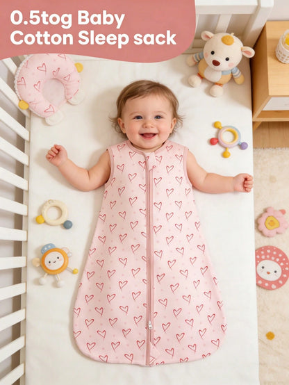 0.5tog 100% Cotton Knitted Sleeping Bag, Breathable & Comfortable Sleeveless Infant Swaddle Wrap With Cute Prints, For Newborn 0-18M Summer