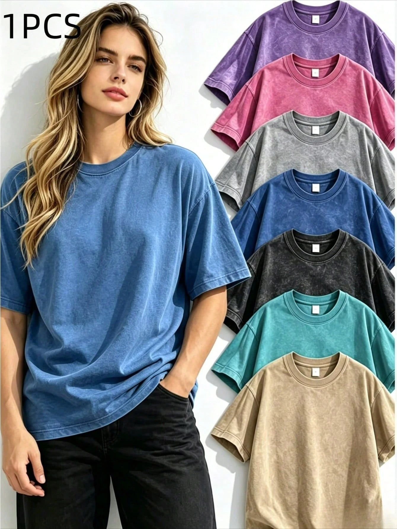 0-5XLSoft Acid Wash Cotton Women Oversized Crew Neck Short Sleeve Tee, Vintage Solid Casual Summer Tops Daily Beach Vacation Multi Color Available