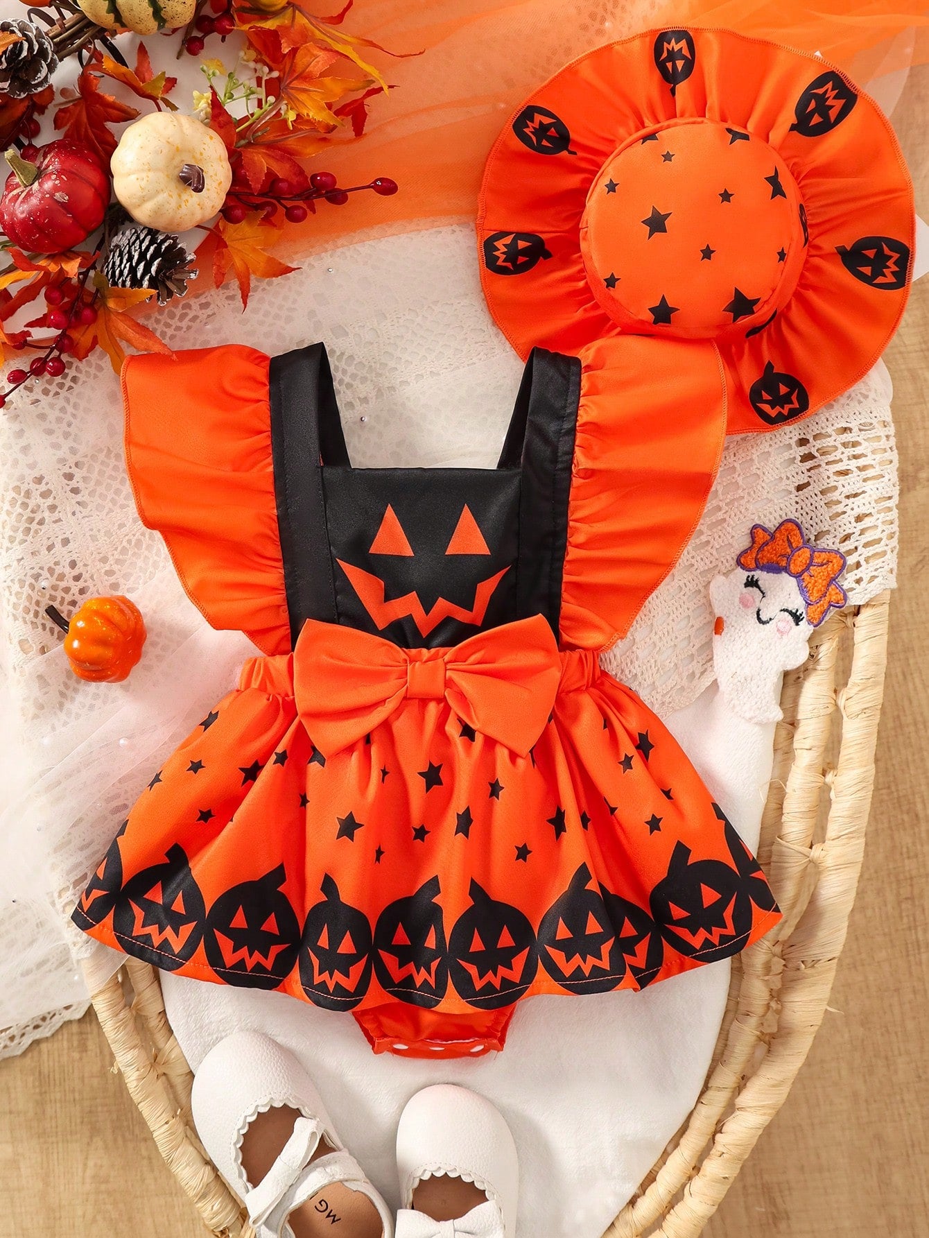 1-18M Baby Girl Autumn Halloween Pumpkin Smiling Face Print Flutter Sleeve Romper With Ruffle Sun Hat 2pcs Set, Cute Infant Halloween Party Bodysuit