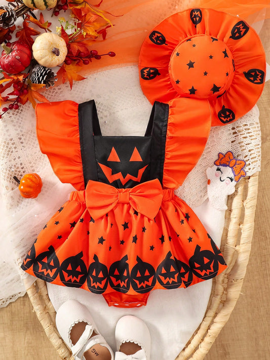 1-18M Baby Girl Autumn Halloween Pumpkin Smiling Face Print Flutter Sleeve Romper With Ruffle Sun Hat 2pcs Set, Cute Infant Halloween Party Bodysuit