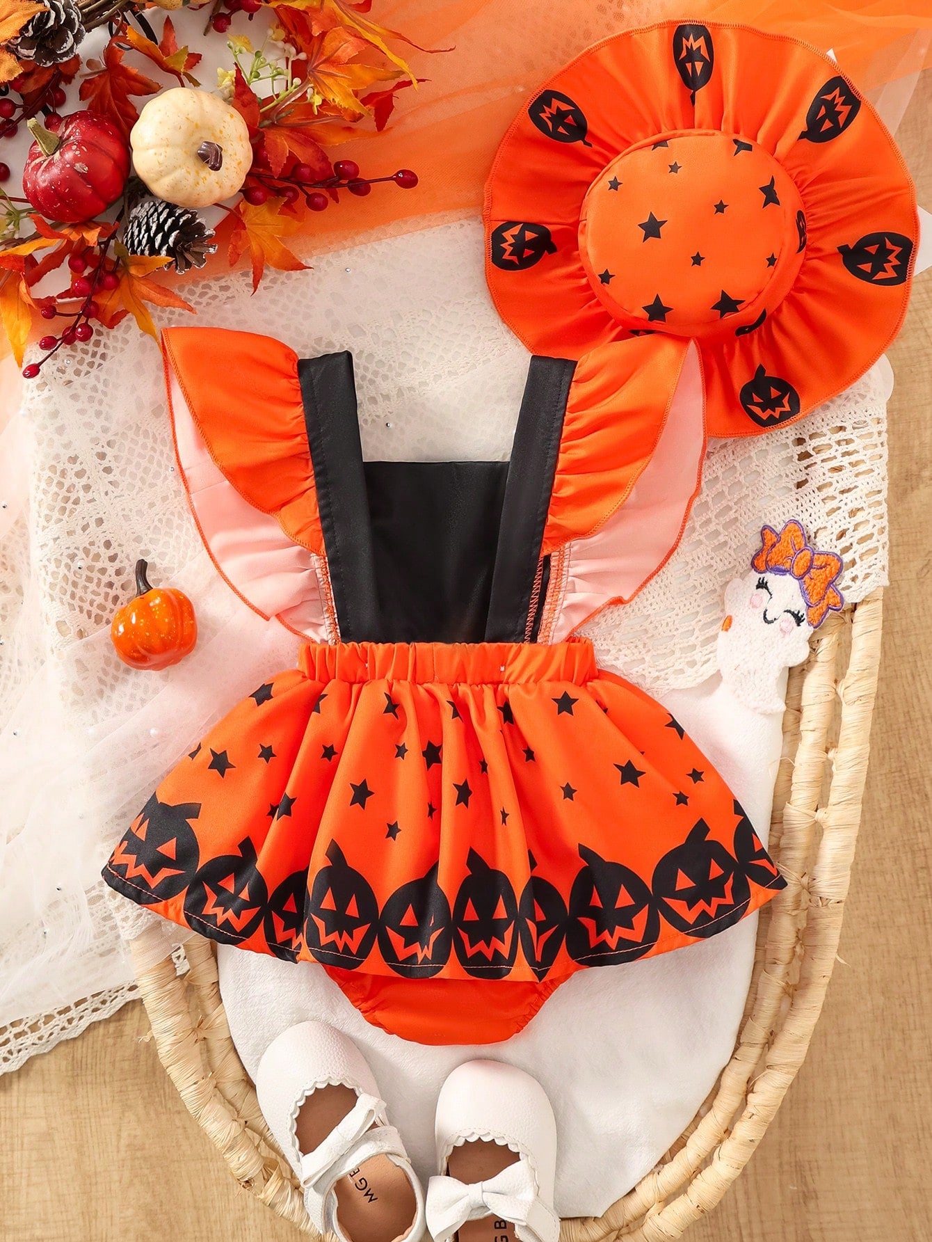 1-18M Baby Girl Autumn Halloween Pumpkin Smiling Face Print Flutter Sleeve Romper With Ruffle Sun Hat 2pcs Set, Cute Infant Halloween Party Bodysuit