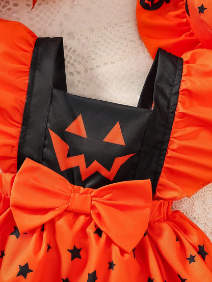 1-18M Baby Girl Autumn Halloween Pumpkin Smiling Face Print Flutter Sleeve Romper With Ruffle Sun Hat 2pcs Set, Cute Infant Halloween Party Bodysuit